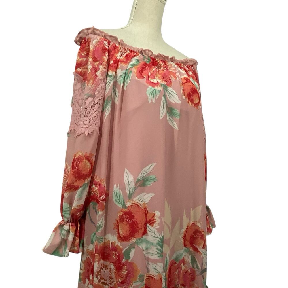 Champagne & Strawberry Maxi Dress Small Off Shoulder Pink Floral Chiffon Peasant - Picture 6 of 16
